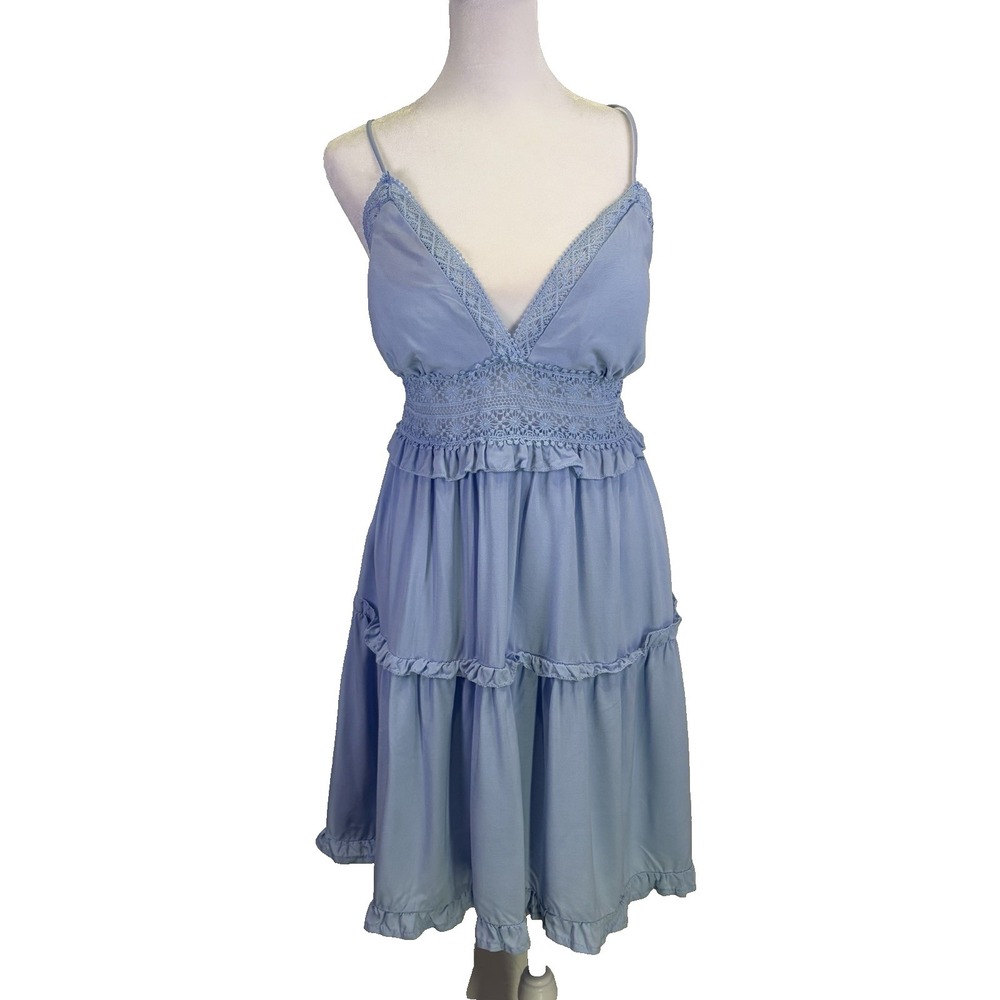 Rue 21 Babydoll Tiered Dress Size M Blue Crochet Lace Boho Bohemian Festival
